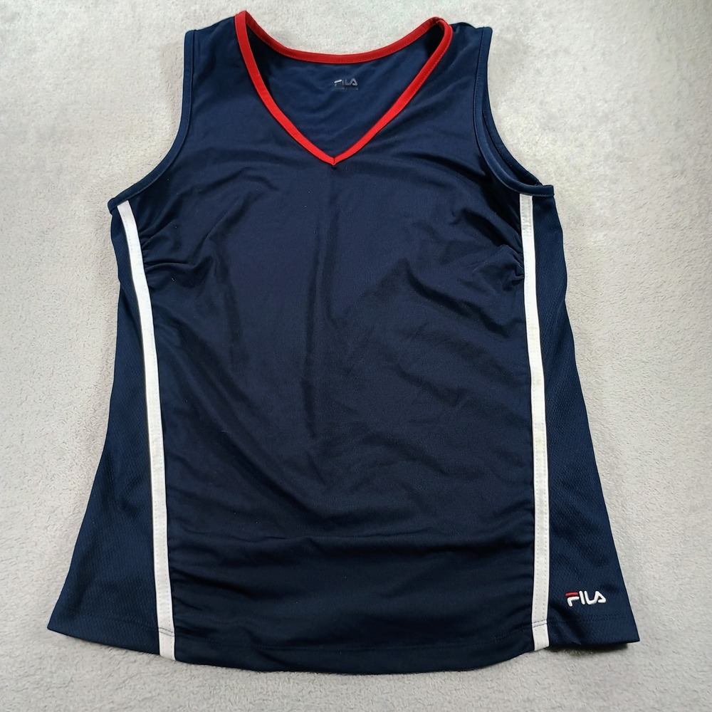Fila Women Athletic Tank Top Navy Blue Large‎ V-Neck Mesh Inserts